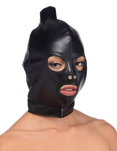 Trendy Ponytail Hood with ponytail access, enhancing your bondage experience with chic appeal.